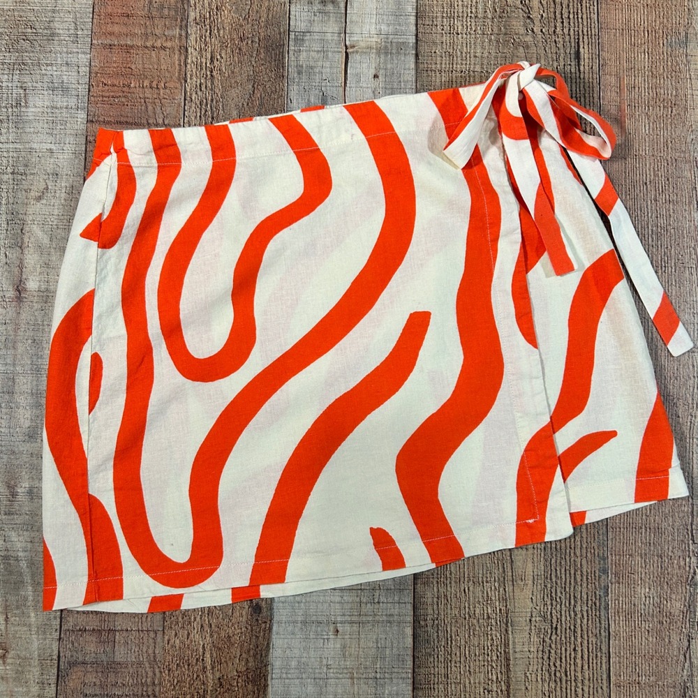 Mango MNG Orange White Zebra Linen Blend Wrap Mini Skirt Medium Summer Boho